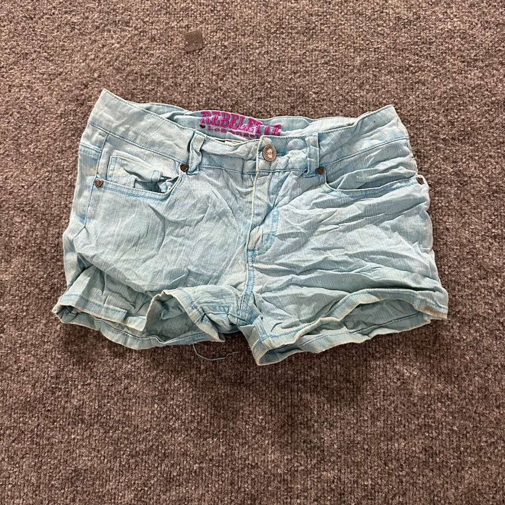 Rebelette Denim Shorts Girls Size 14 Light Blue Pinstripe Heart Rivet Casual